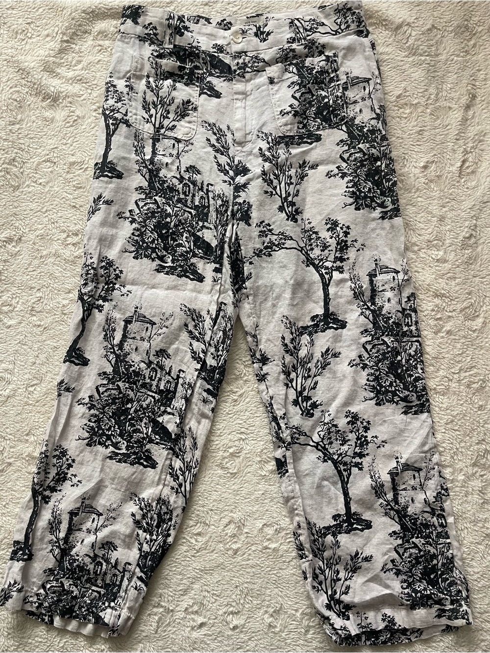 Joie White Linen Straight Leg Pants with Black Scenic Print